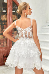 A Line Off the Shoulder White Corset Homecoming Dress with Lace