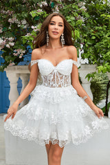 A Line Off the Shoulder White Corset Homecoming Dress with Lace