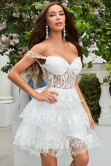 A Line Off the Shoulder White Corset Homecoming Dress with Lace