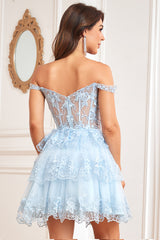 A Line Off the Shoulder Dark Blue Corset Homecoming Dress with Lace