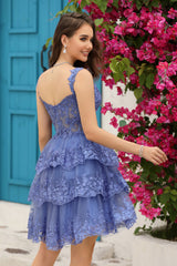 A Line Off the Shoulder Dark Blue Corset Homecoming Dress with Lace