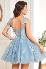 A Line Spaghetti Straps Grey Blue Short Homecoming Dress with Embroidery