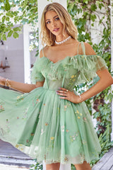 A-Line V-Neck Spaghetti Straps Embroidery Green Short Homecoming Dress