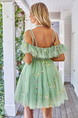 A-Line V-Neck Spaghetti Straps Embroidery Green Short Homecoming Dress