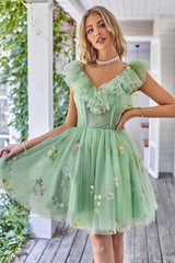 Off the Shoulder Ruffles Tulle Homecoming Dress with Embroidery