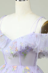 Lavender Off the Shoulder Corset Homecoming Dress with Ruffles