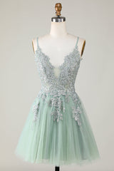 A Line Spaghetti Straps Dark Green Short Homecoming Dress with Appliques