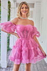 Hot Pink Off the Shoulder Tulle Homecoming Dress