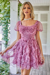 A-Line Square Neck Dark Purple Short Homecoming Dress