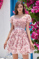 A Line Purple Printed Homecoming Dress with Ruffles