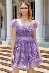 A Line Purple Printed Homecoming Dress with Ruffles