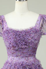 Floral A Line Purple Homecoming Dress with Ruffles