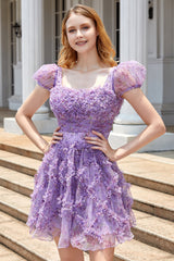 A Line Purple Printed Homecoming Dress with Ruffles