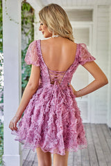 A Line Purple Printed Homecoming Dress with Ruffles