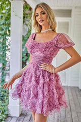 A Line Purple Printed Homecoming Dress with Ruffles