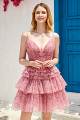 Blush A Line Spaghetti Straps Homecoming Dress with Ruffles