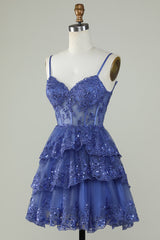 Spaghetti Straps Dark Blue Sparkly Corset Homecoming Dress