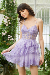 Sparkly Spaghetti Straps Sequins Purple Short Homecoming Dress