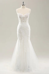 White mermaid thin shoulder strap decal lace tight corset wedding dress