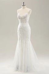 Floral lace white fishtail corset sheer wedding dress