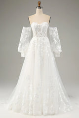 White A-line chiffon long sleeved wedding dress with applique lace