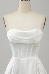 Elegant white A-line strapless pleated sweep trailing slit
