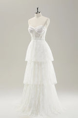White strapless tight corset layered long wedding dress