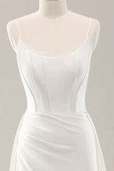 White thin shoulder strap slit satin trailing wedding dress