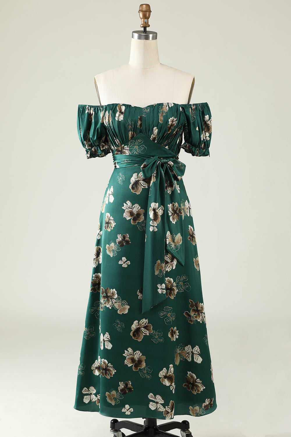 A Line Off the Shoulder Dark Green Printed Bridesmaid Dress