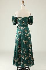 A Line Off the Shoulder Dark Green Printed Bridesmaid Dress