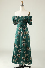 A Line Off the Shoulder Dark Green Printed Bridesmaid Dress