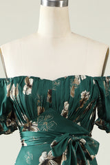 A Line Off the Shoulder Dark Green Printed Bridesmaid Dress