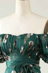 A Line Off the Shoulder Dark Green Printed Bridesmaid Dress