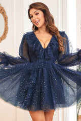 A Line V Neck Navy Short Homecoming Dress with Long Sleeves