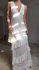 Casual V Neck Chiffon Ruffle Prom Dress Backless Long Formal Dresses