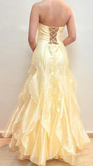 Yellow Strapless Puffy Evening Party Dress, Long Sleeveless Prom Dress, AST1737