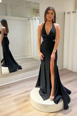 Aimishang Black Evening Dress Halter Cutout Mermaid Long Prom Dresses with Slit
