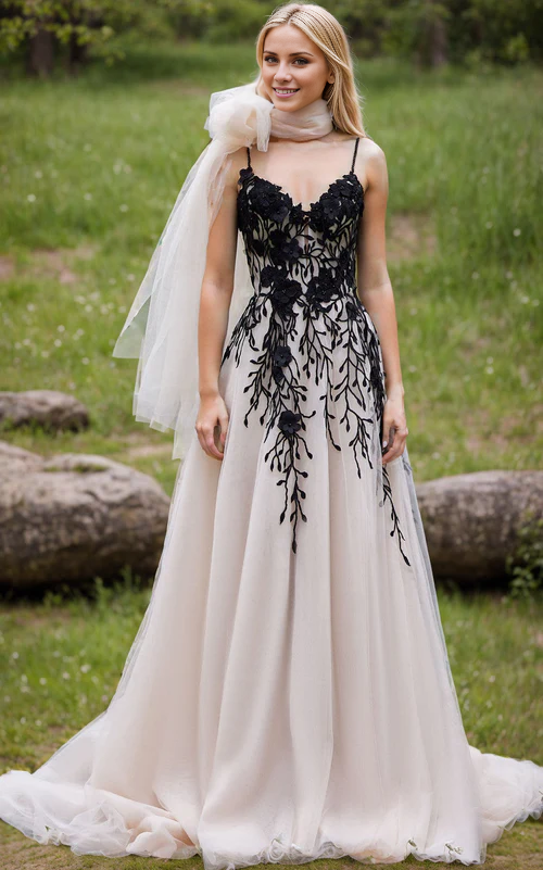 Aimishang Elegant A-Line Champagne Lace Spaghetti Straps Wedding Dress with Appliques