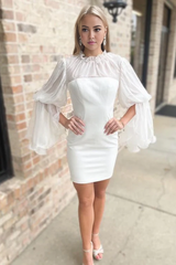 Aimishang Elegant Sheath White Illusion Neck Long Sleeve Short Wedding Dress