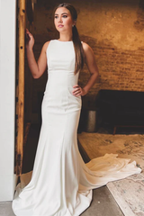 Aimishang Elegant White Satin Bateau Open Back Mermaid Long Wedding Dress