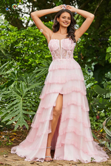 Aimishang Elegant Prom Dresses Sheer Boned Bodice Tiered Gown With Slit