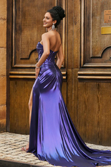 Aimishang Fashion Prom Dresses Corset Top Strapless Sweep Train Gown With Slit