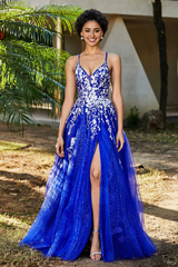 Aimishang Elegant Prom Dresses V-neck Evening Dress Applique Tulle Dress With Slit