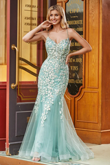 Aimishang Fashion V-neck Prom Dresses Applique Floral Mermaid Evening Dress Tulle Gown