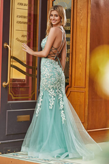Aimishang Fashion V-neck Prom Dresses Applique Floral Mermaid Evening Dress Tulle Gown