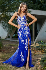 Aimishang Fashion Evening Dress Slit Spaghetti Straps Applique Tulle Dress Prom Dresses