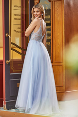 Aimishang Elegant Lavender Prom Dresses See-through Rhinestone A-Line Tulle Dress With Slit