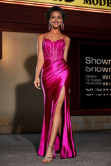 Aimishang Fashion Prom Dresses Sheath V Neck Applique Satin Slit Dress Evening Dress