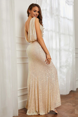 Aimishang Fashion Champagne Prom Dresses Plunging V-neck Sheath Long Slit Dress Evening Dress