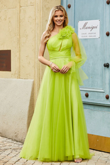 Aimishang Elegant Evening Dress Floral Lime-Green Prom Dresses One Shoulder Pleated Tulle Long Dress